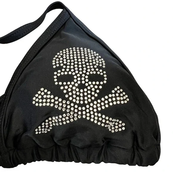 Black Rhinestone Skull Triangle Halter Cheeky Bikini Set - Picture 3 of 11